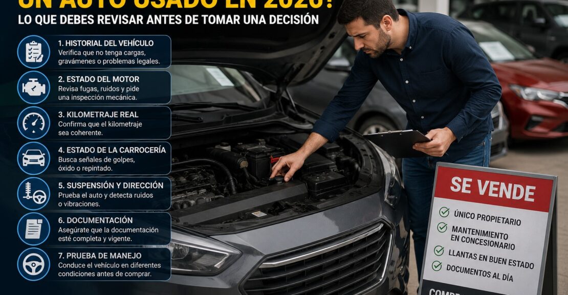 Persona inspeccionando un auto usado antes de comprarlo, revisando motor, documentación y estado general del vehículo en 2026.