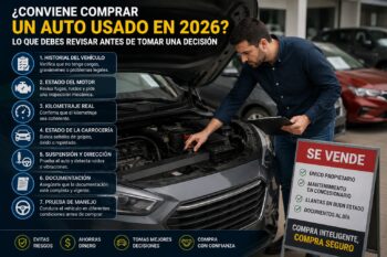Persona inspeccionando un auto usado antes de comprarlo, revisando motor, documentación y estado general del vehículo en 2026.